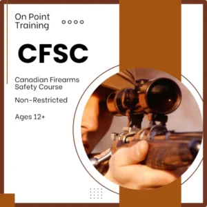 Marketing banner for Canadian Firearms Safety Course (CFSC) featuring company logo "On Point Training", course title, Brown and white color scheme with minimalist geometric design elements. Text indicates "Non-Restricted" and "Ages 12+" requirements.