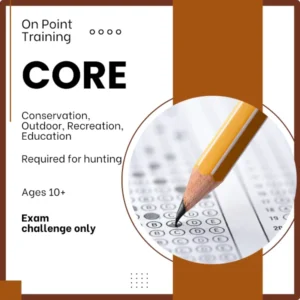 Marketing banner for BC CORE (Conservation, Outdoor, Recreation, Education) program featuring On Point Training logo. Clean design with brown and white color scheme, circular image showing a pencil marking a multiple choice exam sheet. Text indicates "Required for hunting", "Ages 10+" and "Exam challenge only" requirements.