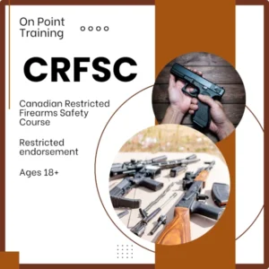 Marketing banner for Canadian Restricted Firearms Safety Course (CRFSC) featuring company logo "On Point Training", course title, and two circular images showing a handgun grip demonstration and an array of restricted firearms on a wooden surface. Brown and white color scheme with minimalist geometric design elements. Text indicates "Restricted endorsement" and "Ages 18+" requirements.